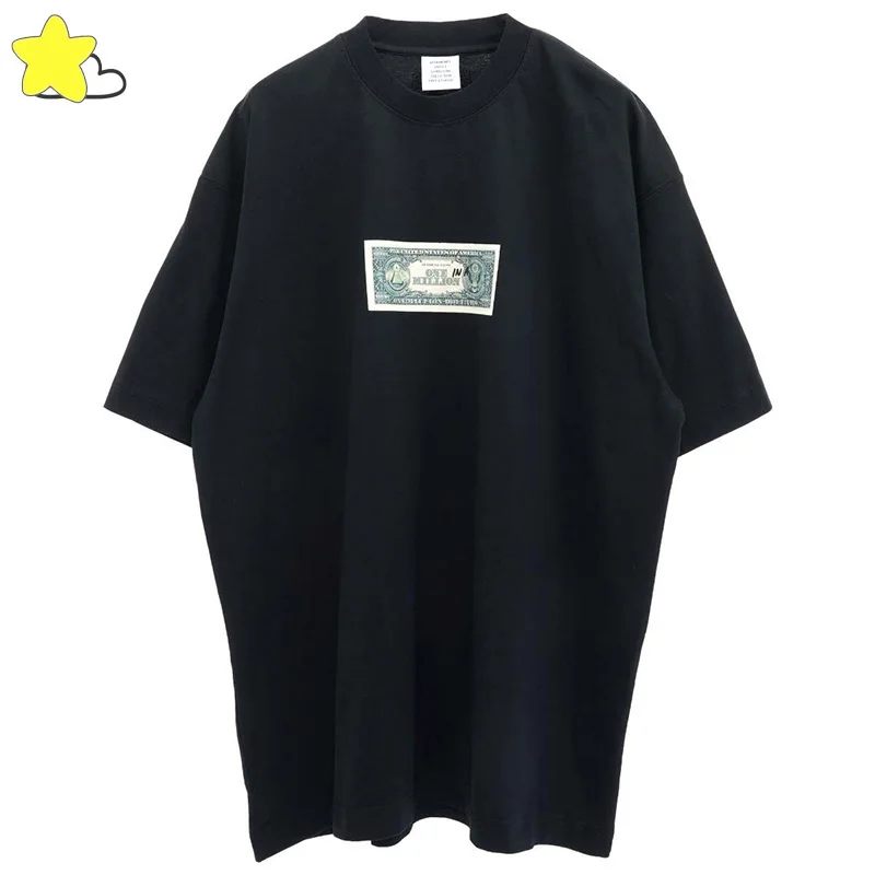 

High Street Banknote Printing VTM Tee Back Small Embroidered LOGO Vetements T Shirt Men Women Cotton Top Black White initial d