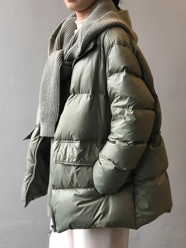 

Зимние пуховики, Женская куртка на 90% утином пуху со съемным вязаным капюшоном и шарфом, Свободные повседневные женские теплые парки