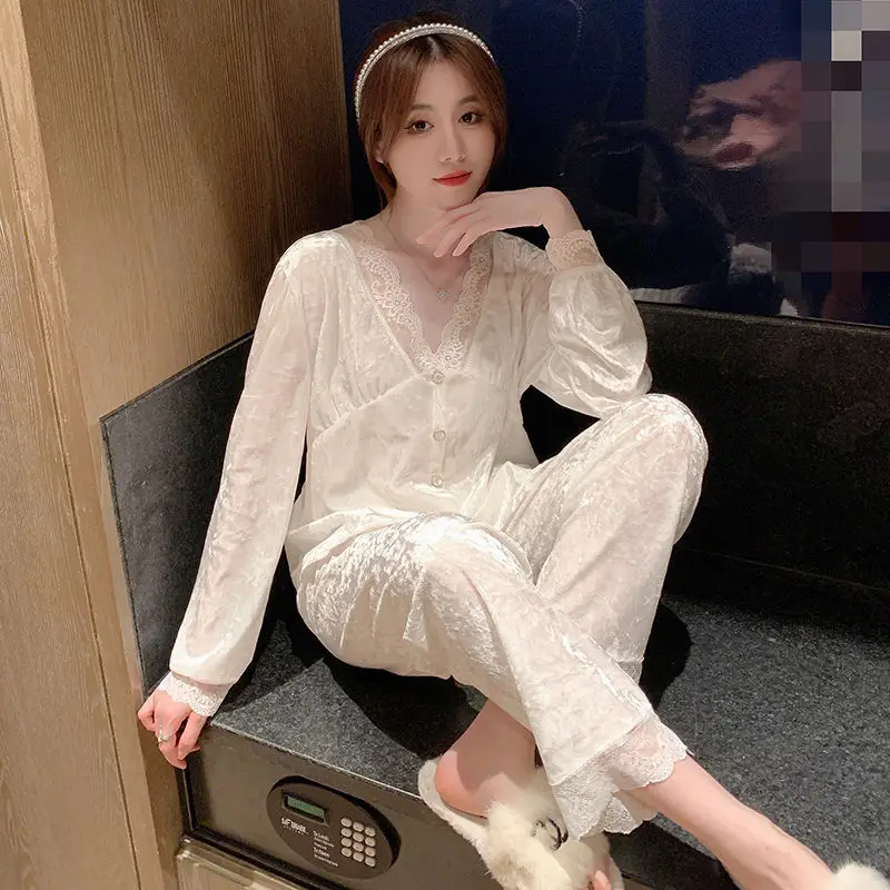 Women's Pijama 2023 Spring Autumn New Fashion Thin Gold Velvet Sexy Sleepwear Two-piece Korean Elegant Loungewear Pajama Set