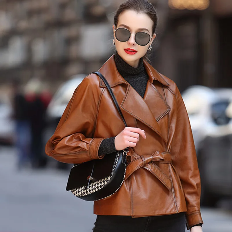 Red Leather Jacket Women's Spring Autumn Genuine Leatther Tops Short Sheepskin Jacket Motorcycle Coats Belt Coat