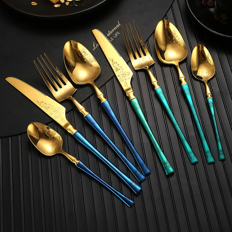 

New 5PCS 304 Stainless Steel Cutlery Set with Pattern Gold Silver Western Tableware Knife Fork Spoon Utensils for Kitchen