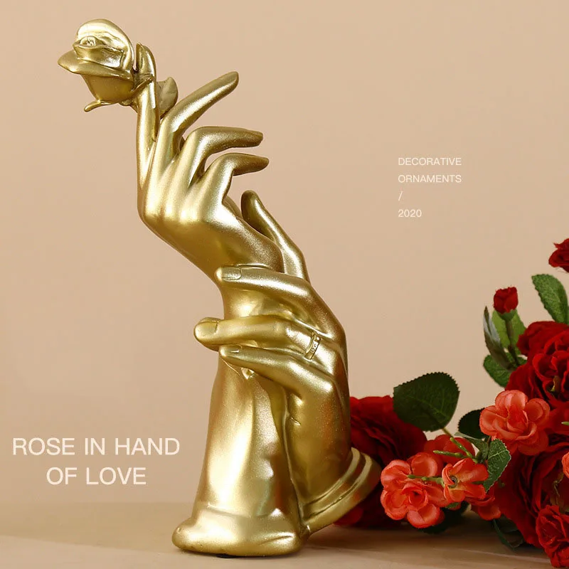 

Resin Sculpture Statue Desktop Decoration Home Decoration Living Room Study Modern Golden Hand-held Rose Crafts Gift