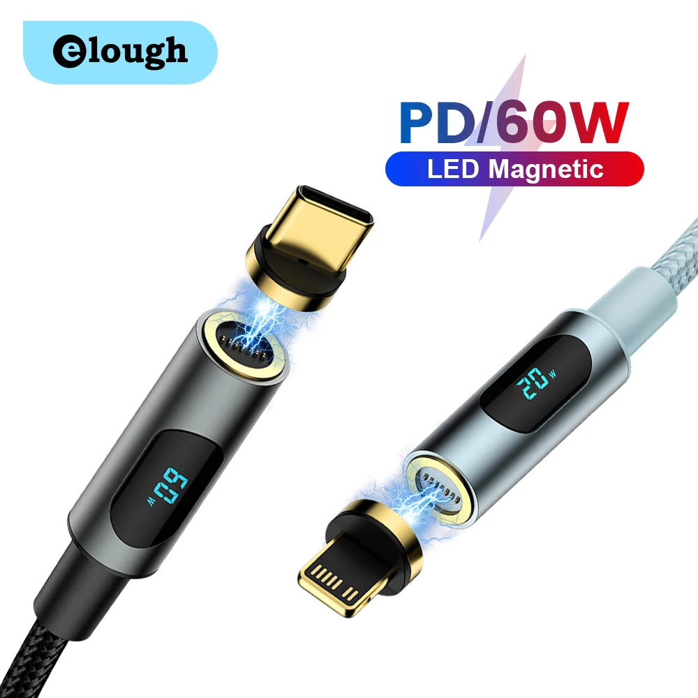 

Магнитный кабель Elough PD 60 Вт, кабель USB C на Type C со светодиодным дисплеем, шнур передачи данных типа C для Macbook, iPhone, Xiaomi, Huawei, Samsung