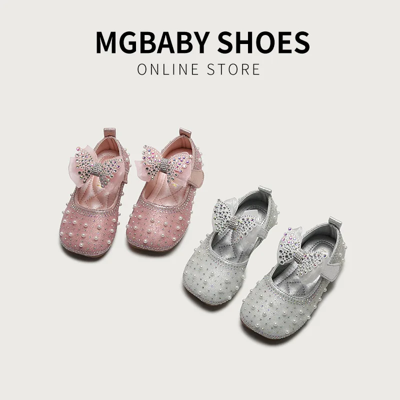 

Детские танцевальные туфли, плоская подошва, с жемчугом, с бантом-бабочкой, однотонные розовые вечерние туфли на весну, в Корейском стиле