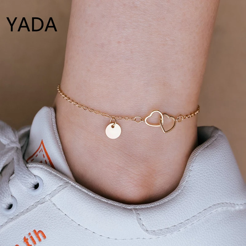 YADA Simple Gold Color Double Love Heart Anklets For Women Summer Foot Ankle Barefoot Sandals Bracelet Ankle Female AT220006
