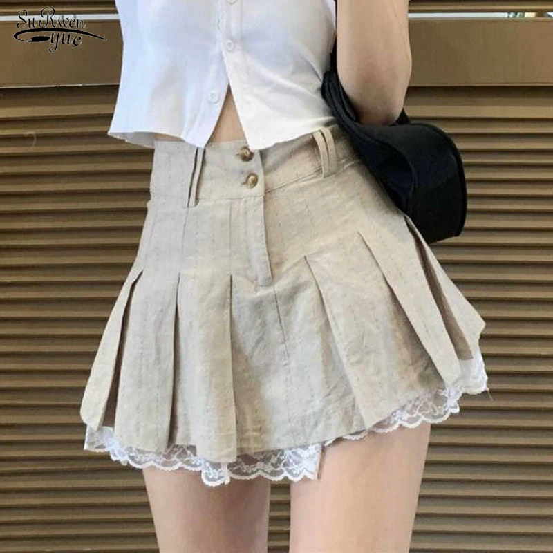 

Милая корейская мода хаки короткая Сексуальная мини-юбка с кружевной отделкой милые плиссированные юбки в стиле преппи на пуговицах с высо...