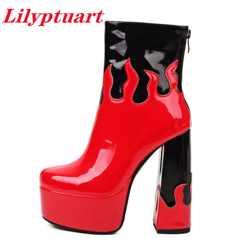 

LILYPTUART ZA Platform Ankle Boots,2022 Winter Round Toe Flame Mixed Color Luxury Designer Women's Shoes Chunky High Heels Boat