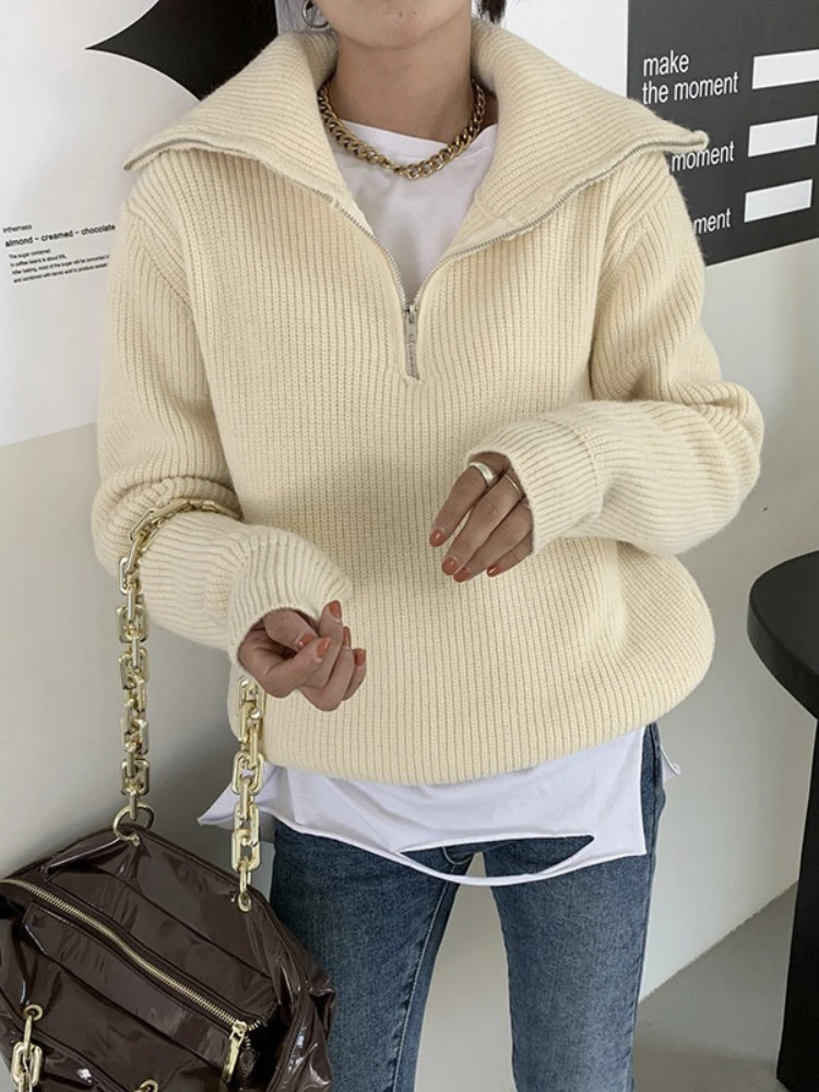 Женский вязаный пуловер на молнии с длинным рукавом