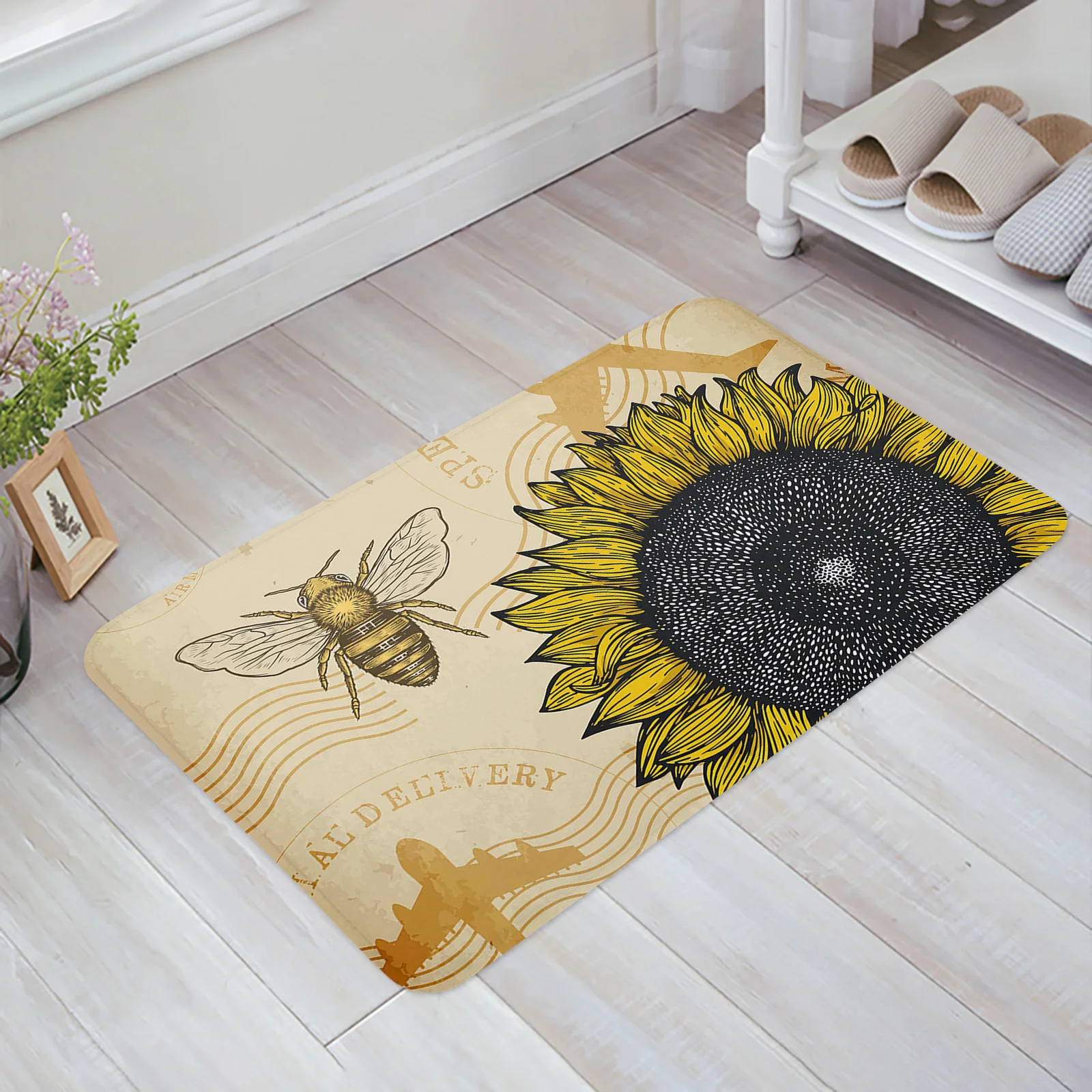 

Sunflower Bee Retro Style Entrance Doormat Modern Bedroom Home Kitchen Rug Living Room Floor Decor Carpet