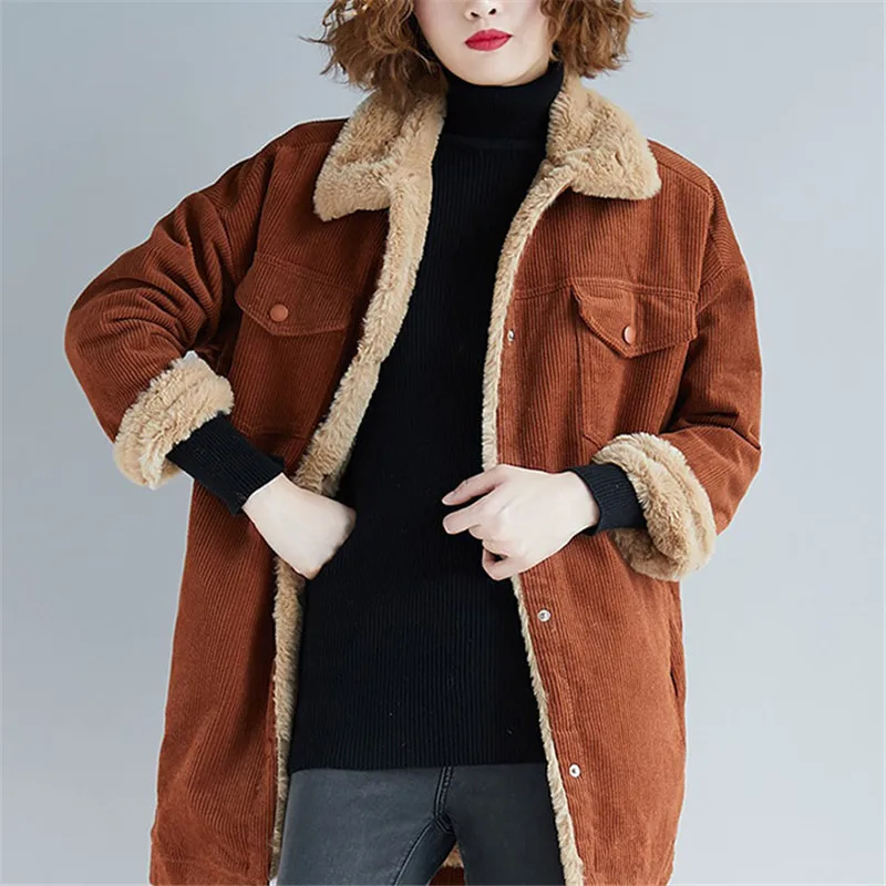 Autumn and Winter Jacket Ladies Corduroy Long Coat Lamb Wool Coat Female Long-sleeved Casual Single-breasted Jacket