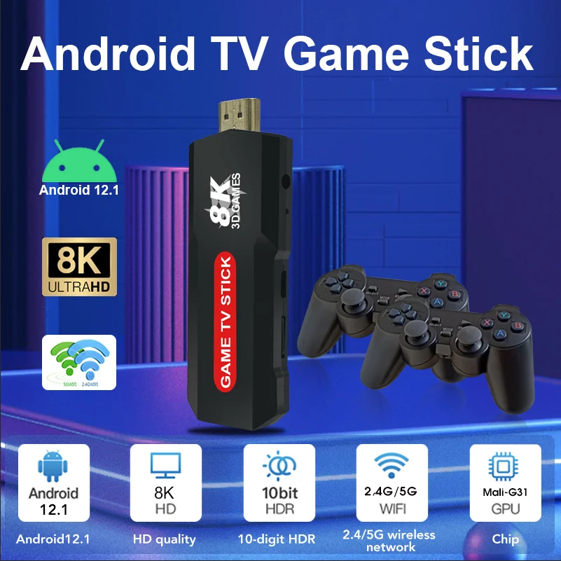 Игровая приставка TV Game Stick X2 PRO, четырехъядерный процессор S905, графический процессор G31, 2 ГБ LPDDR3, 16 ГБ ROM, 8K HDMI 2.1, Android 12.1, 64 ГБ, 30000+ игр, Wi-Fi 2.4G5G, BT4.0 (art.: 3920d91008aef) - 3920d91008aef