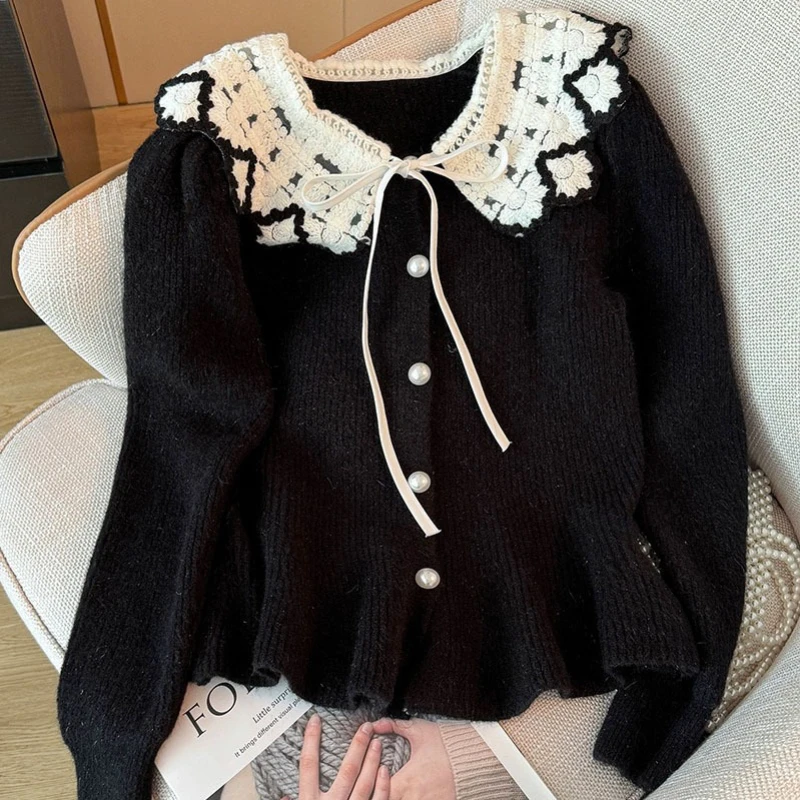 Женский однобортный Кардиган с воротником Питер Пэн винтажный трикотажный