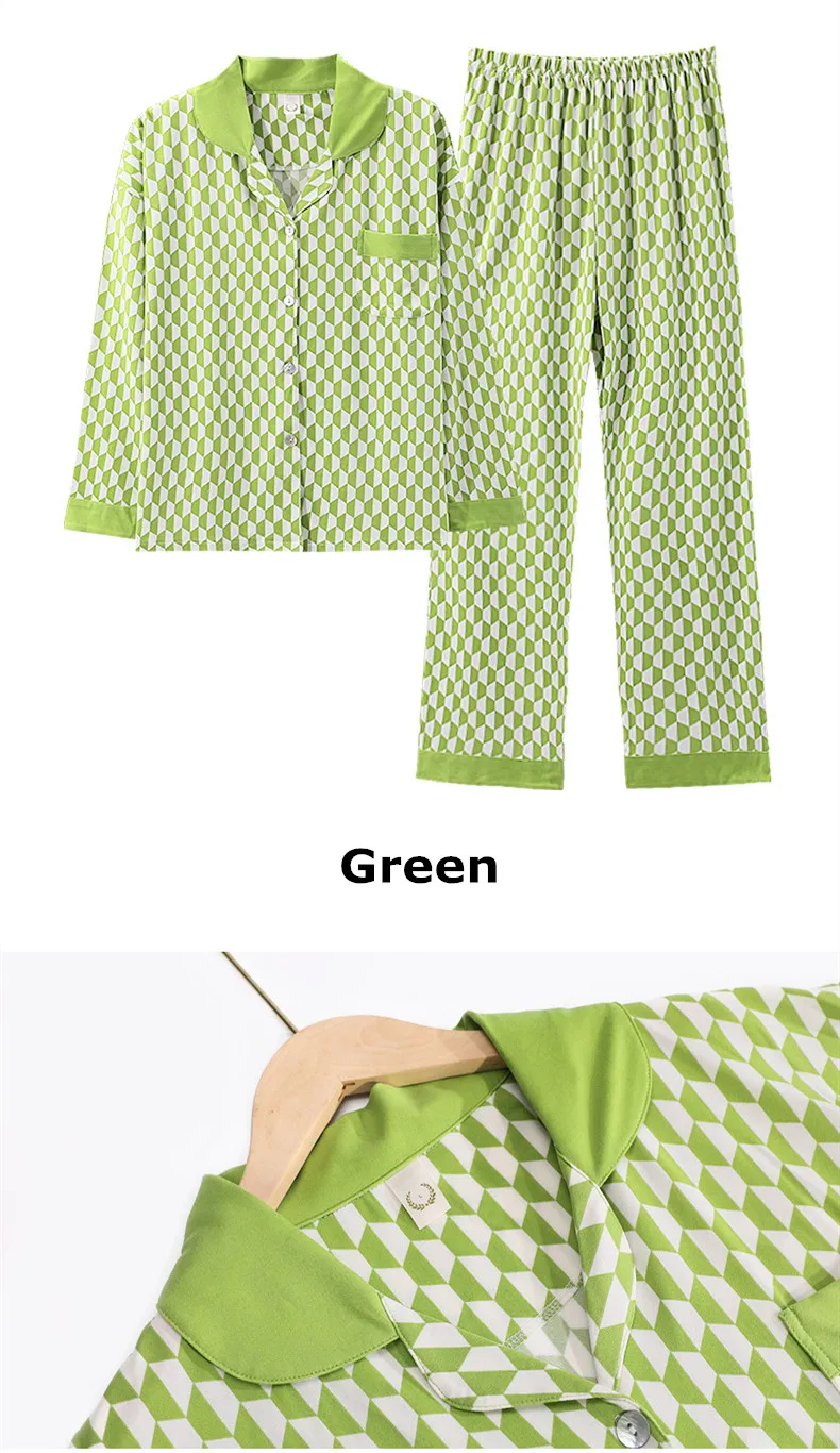 Spring Autuum Fashion Women's Casual Pocket Sleepwear Homewear Cute Lovely Pajamas Set With Pants Soft Plaid Green