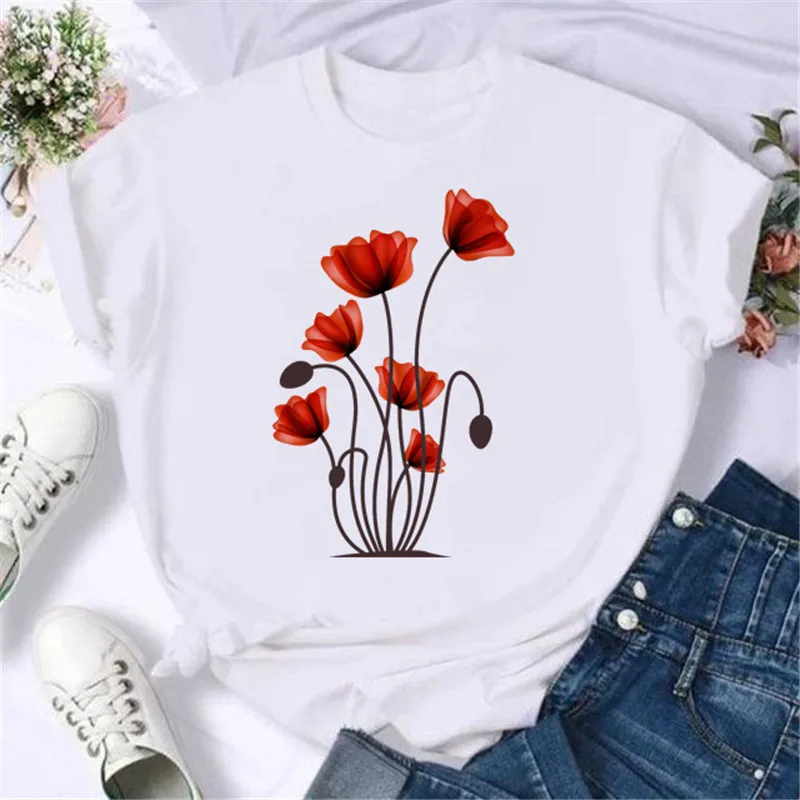 

Fashion Women T Shirt Red Poppy Print Tops T Shirt Harajuku Funny Short Sleeves Female Tops Tee 90s Ladies Tee Shirt