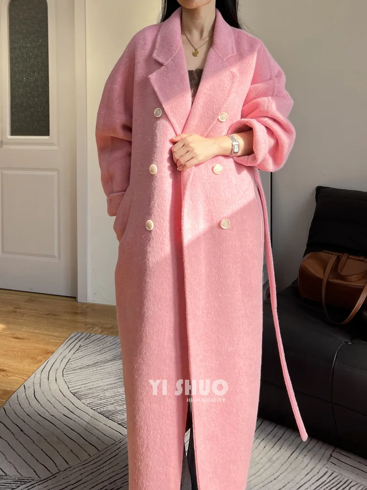 

Korean Brand High Quality Pink Double Side Wool Alpaca Cashmere Overcoat Women Thick Warm Long Suit Collar With Belt Woolen Coat