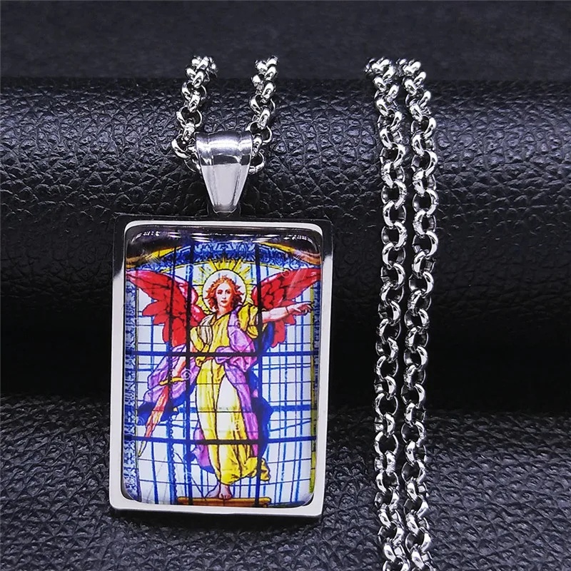 

Glass Geometry Stainless Steel Silver Color Archangel St.Michael Protect Me Chain Necklaces Women/Men Jewelry pendentifs NJ58S08