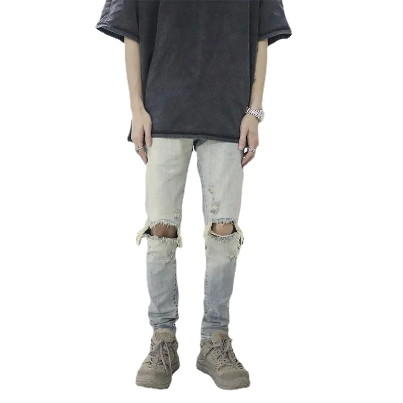 Mens Jeans Slim Fit Retro Light Blue Washed Streetwear Men Summer Fashion Denim Pants Full Length Ripped Jeans