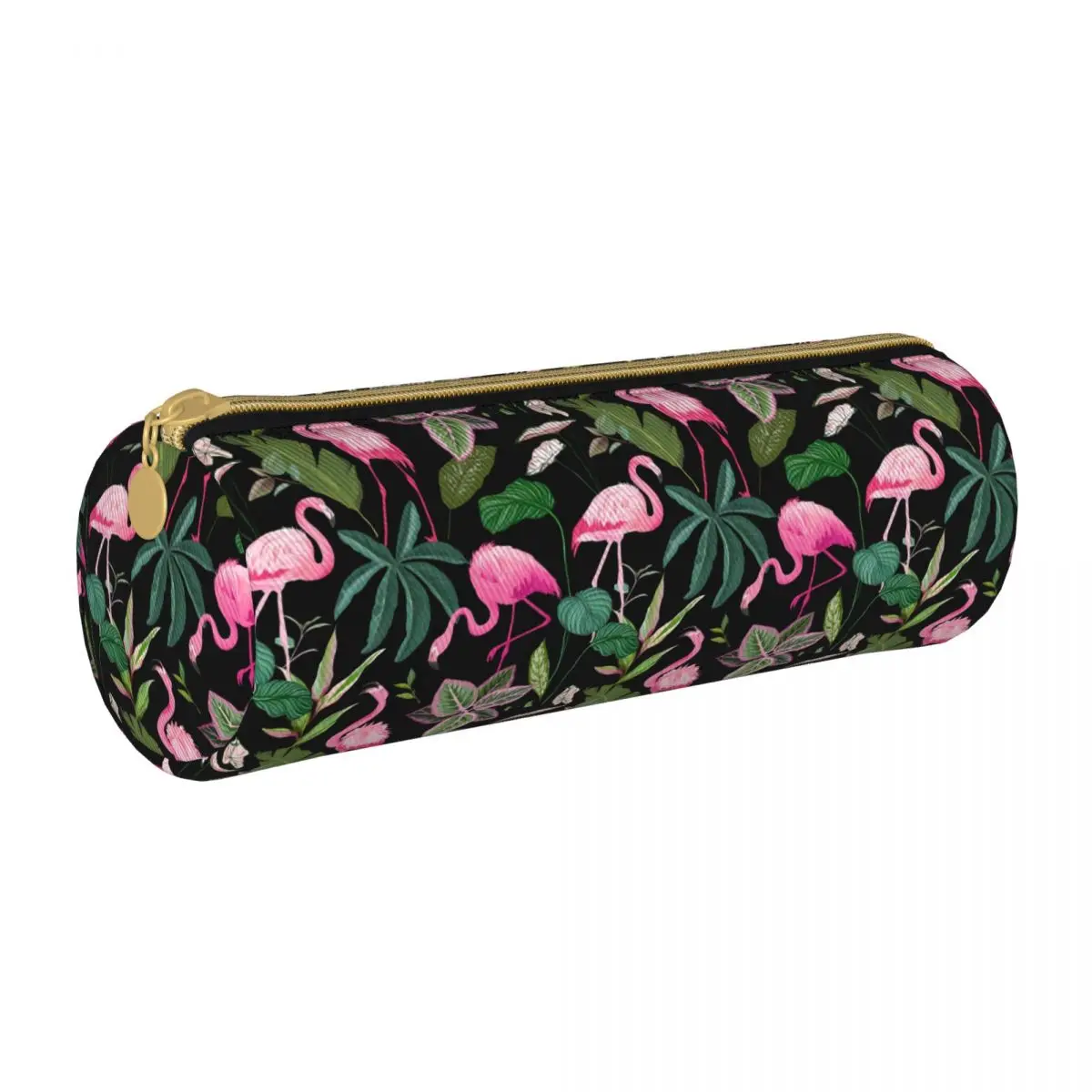

Tropical Birds Round Pencil Case Pink Flamingo Print Teenager Kawaii Leather Pencil Box School Zipper Pen Bags