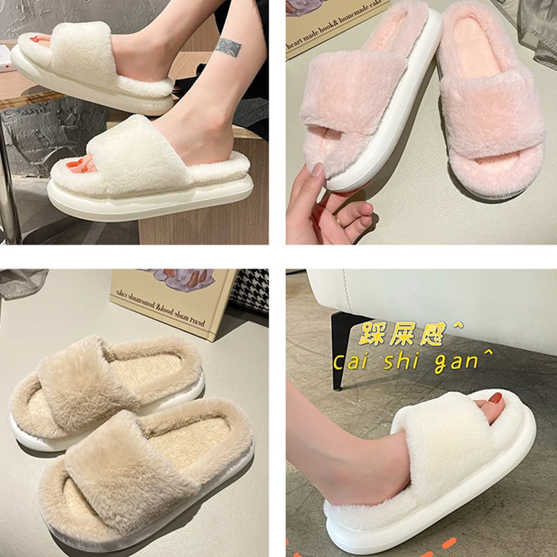 Thick Fluffy Fur Slippers 2022 New Women Winter House Warm Furry Slippers Women Flip Flops Home Slides Flat Indoor Floor Shoes
