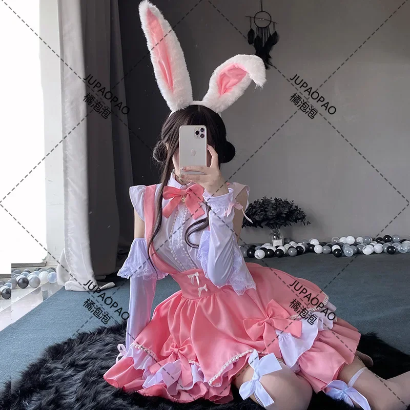 

Милое розовое платье в стиле Лолиты, японская кавайная школьная девушка, горничная, костюмы для косплея, ролевая игра в Стиле Лолита, кролик, Хэллоуин, 2023