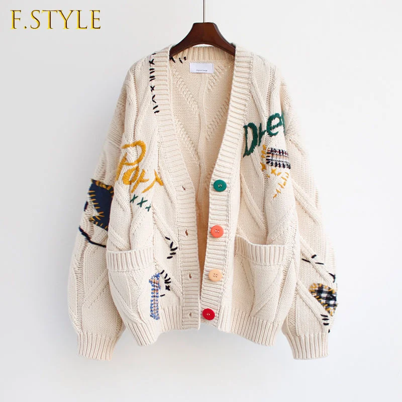 2021 Autumn Winter Women Cardigan Warm Knitted Sweater Jacket Pocket Embroidery Fashion Knit Cardigans Coat Lady Loose Tops