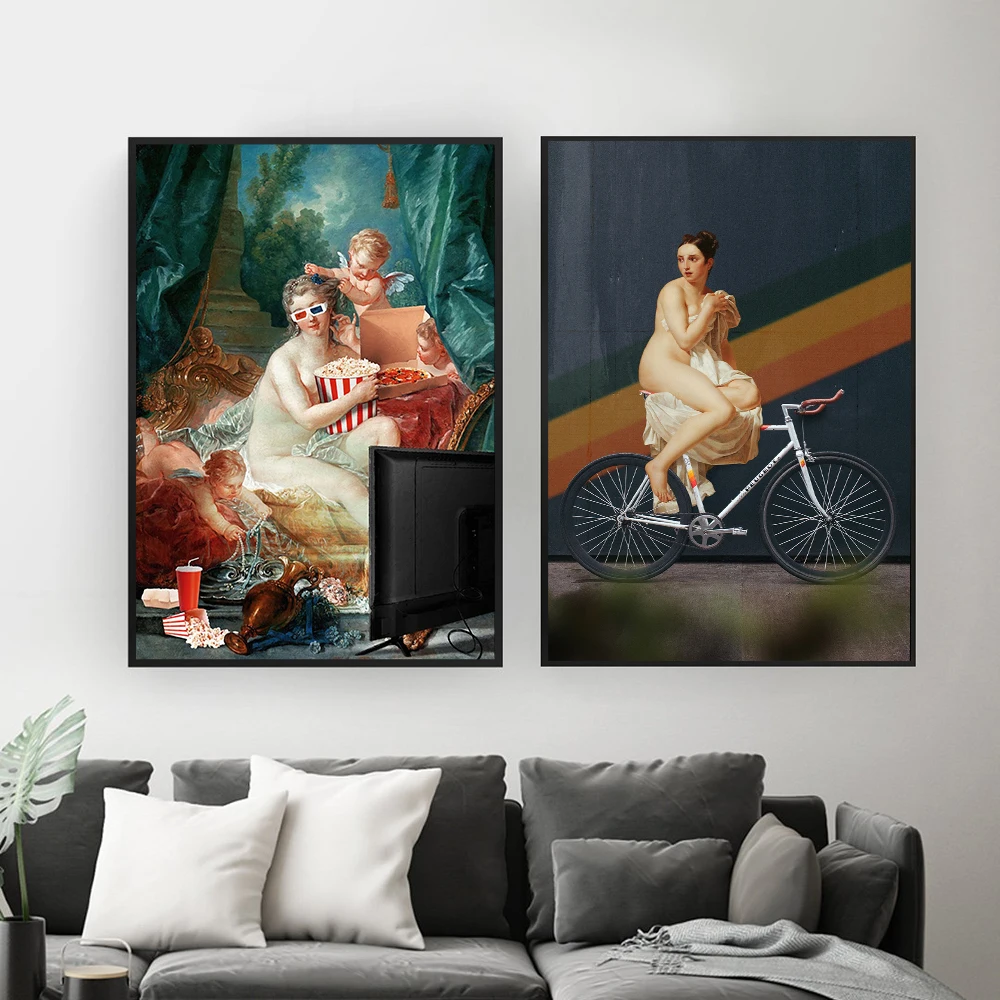 

Nude Goddess Art Print Vinatge Poster Abstract Woman Bicycle Canvas Pictures Angle Baby with Mom Painting Room Wall Decor