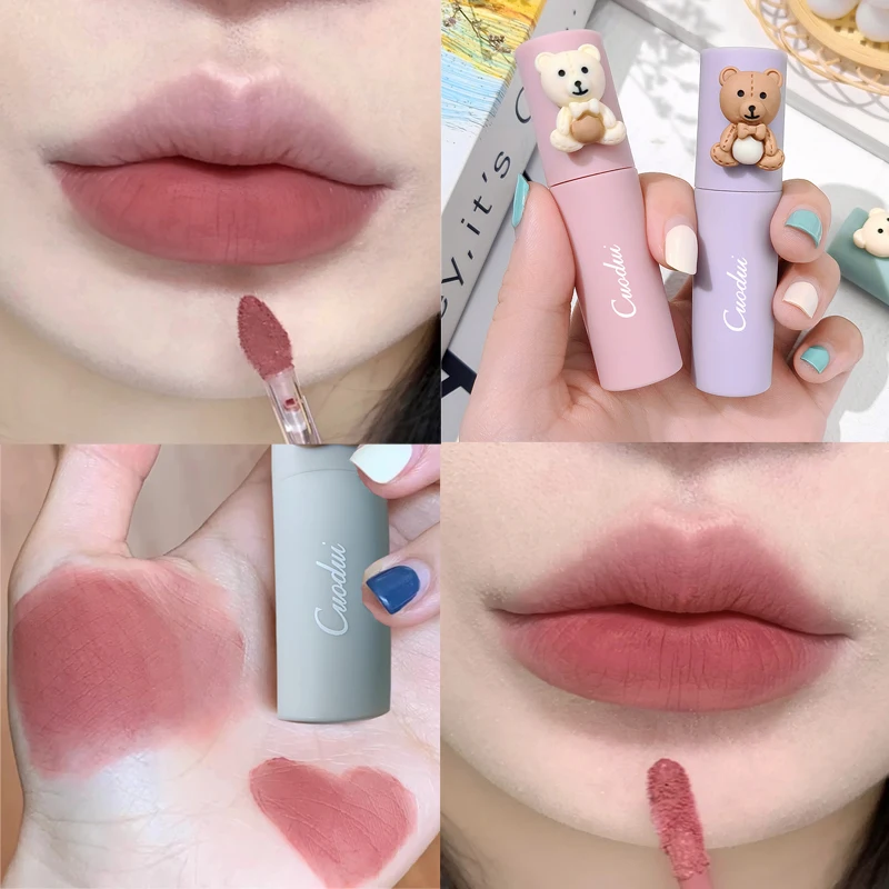 

4 Colors Velvet Matte Lip Gloss Waterproof Lasting Cute Bear Liquid Lipstick Non-Stick Cup Lip Tint Mud Blush Makeup Cosmetics