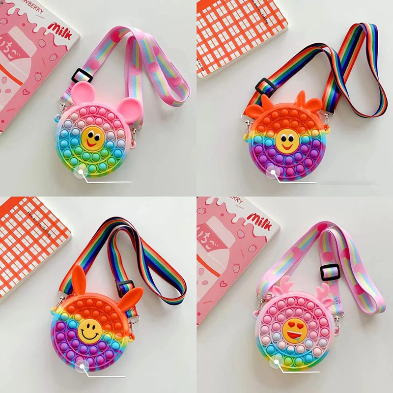 

New Animal Ears Expression Rainbow Messenger Bags Pop It Fidget Toys Push Bubble Anti-Stress Relieve Sensory Toy for Kids Gifts