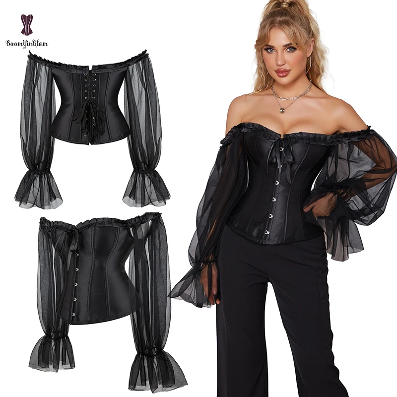 Off Shoulder Long Sleeves Burlesque Overbust Corset Victorian Bustier For Women Plus Size Solid Black Lace Up Boned Corselet