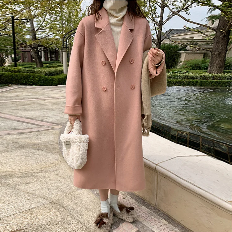 

Женское шерстяное пальто, розовое кашемировое пальто с отложным воротником, двубортное, осень 2022