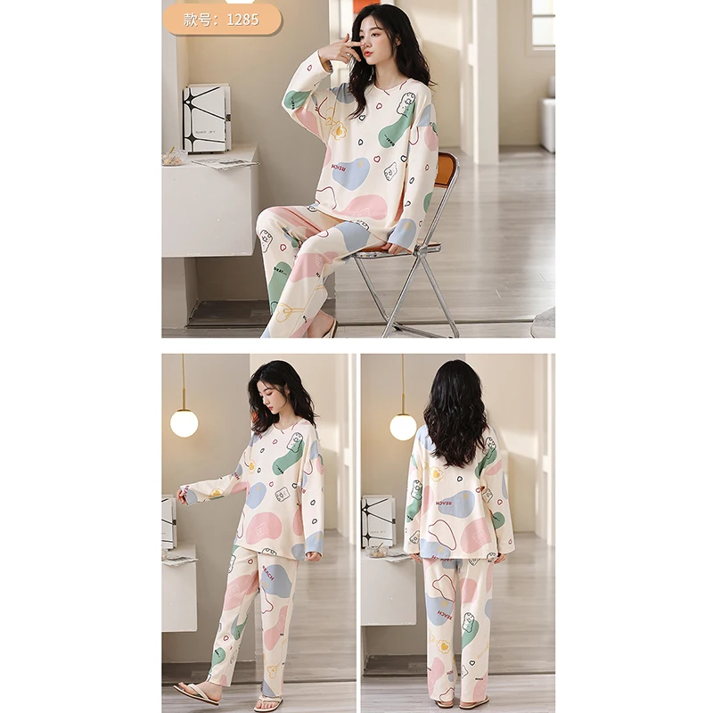 Spring Autumn Women Girl Fashion Pajamas Faux Cotton Feeling Striped Sleepwear Sets