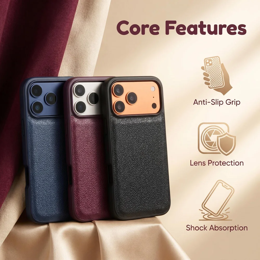 Фото Чехол для телефона из искусственной кожи Epsom Palm Grain Simple Solid PU для iPhone 18 17 16 15 14 13 Pro Max для повседневного использования №2
