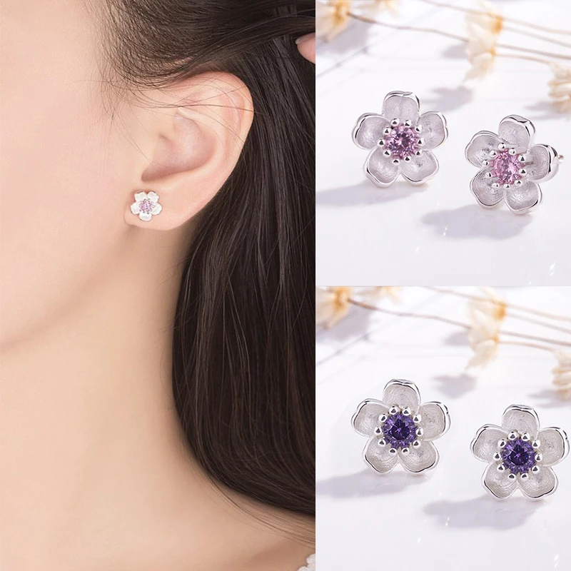 

Flower Earrings Stud Purple Girls Gift Pink Earrings Women Jewellery Crystal