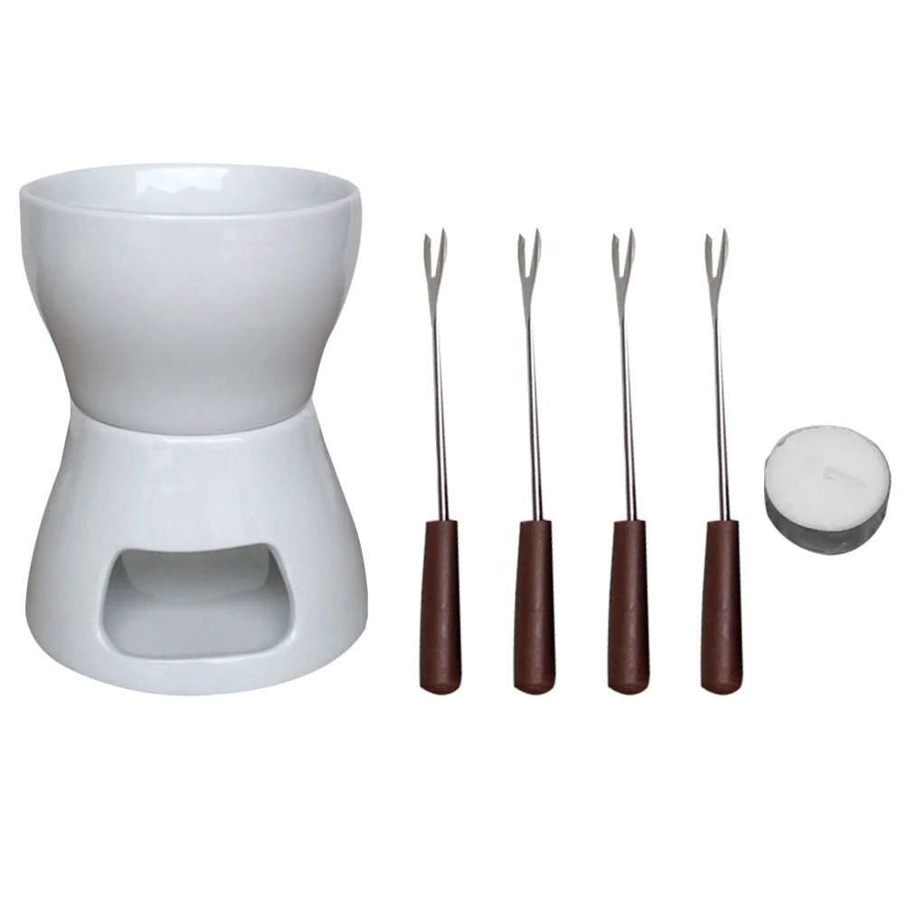

Chocolate Fondue Pot Butter Warmer: 1 Set Ceramic Cheese Fondue Cheese Melting Pot with 4 Dipping Forks Tea Light Holder Cheese