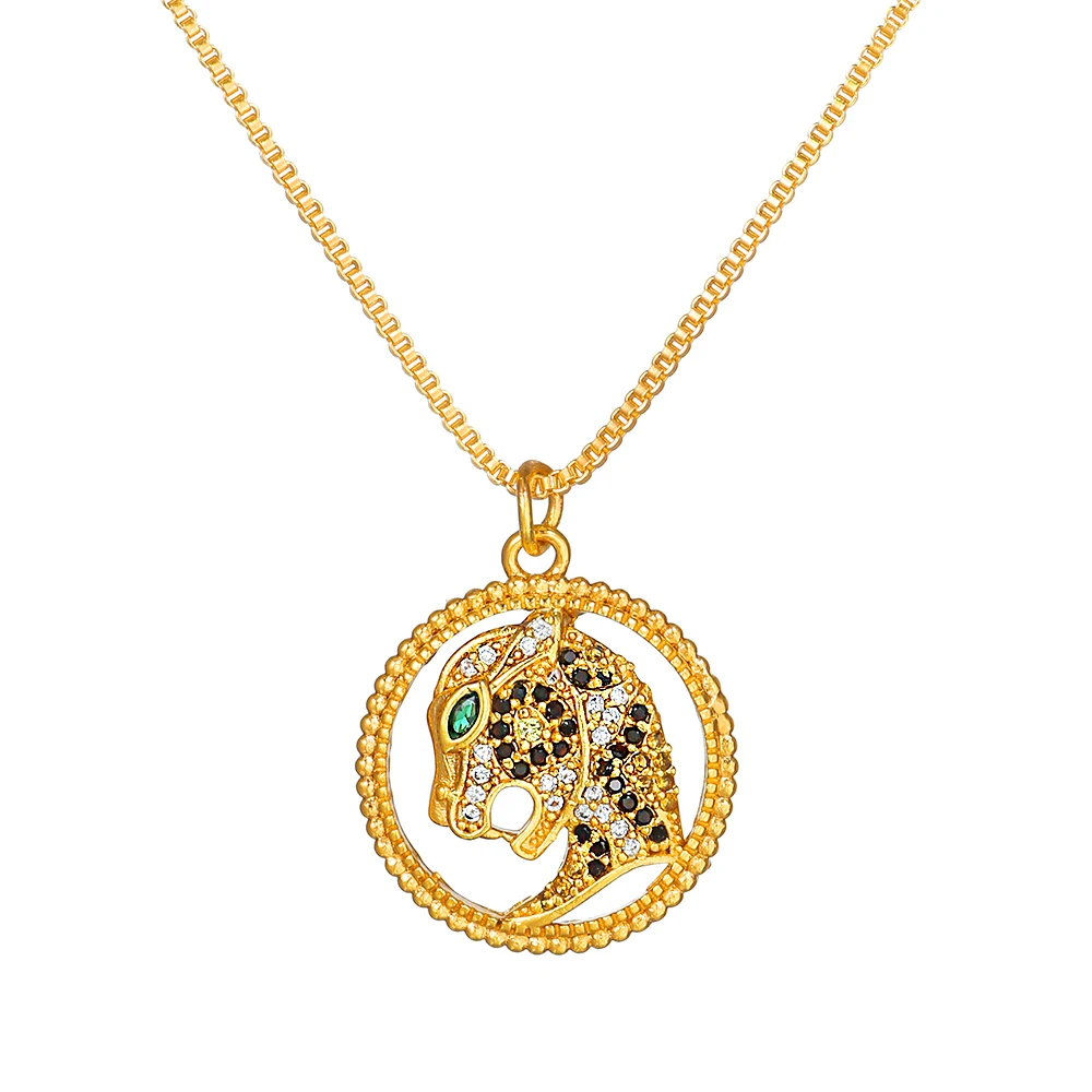 

New Classic High Quality Cubic Zirconia Copper Metal Animal Leopard Heard Pendant Gold Color Women Fashion Chain Necklace Gift