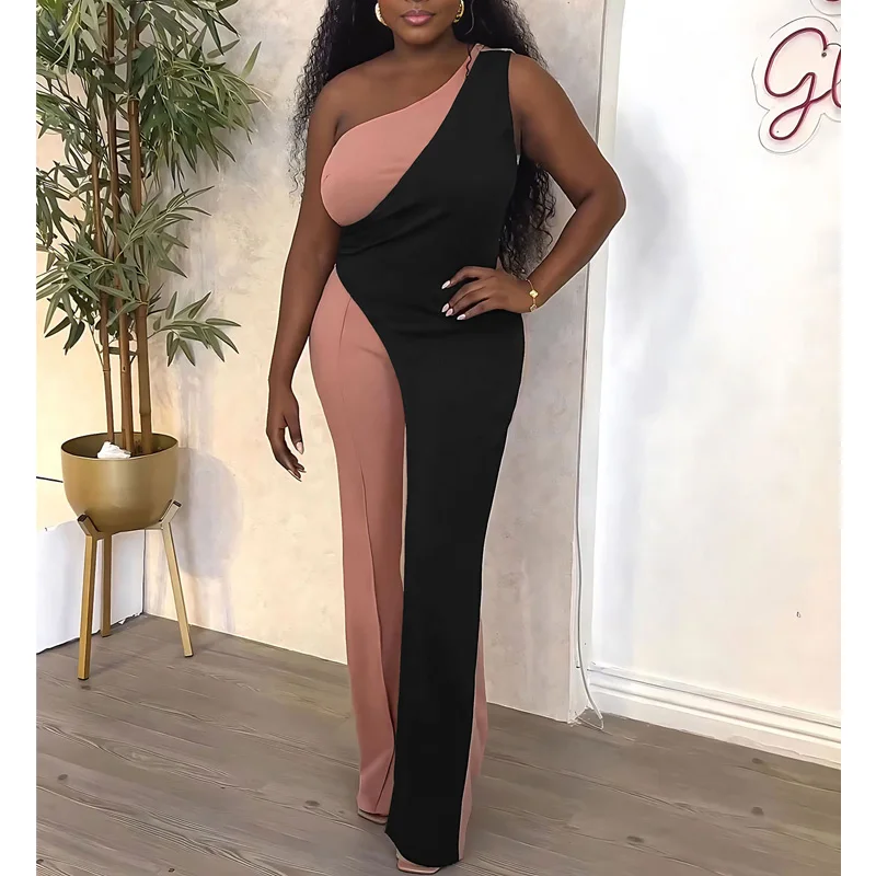 

One Shoulder Jumpsuits Women Patchwork High Waist Straight Jumpsuits Female Chic Fashion One Piece Suit Romper