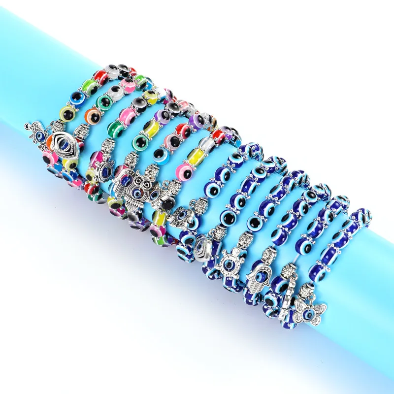 

Blue Evil Eye Bracelet Turkey Eyes Handmade Women's Resins Bead Elephant Tortoise Charms Elastic Bracelets Jewelry