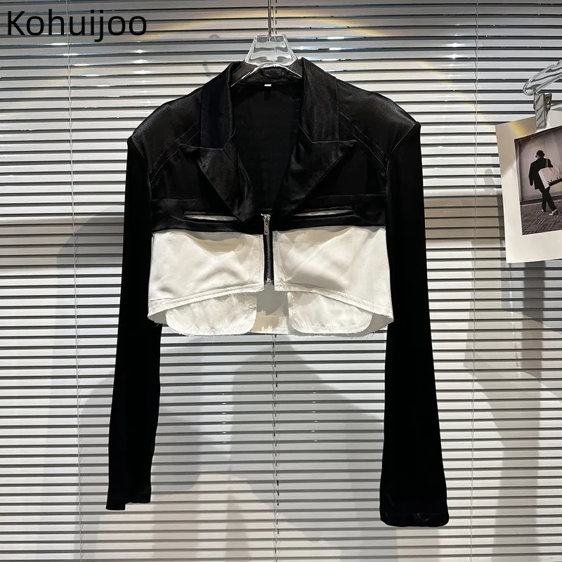 

Женская короткая куртка с карманами Kohuijoo, демисезонная Дизайнерская куртка контрастных цветов с отложным воротником, весна-осень 2023