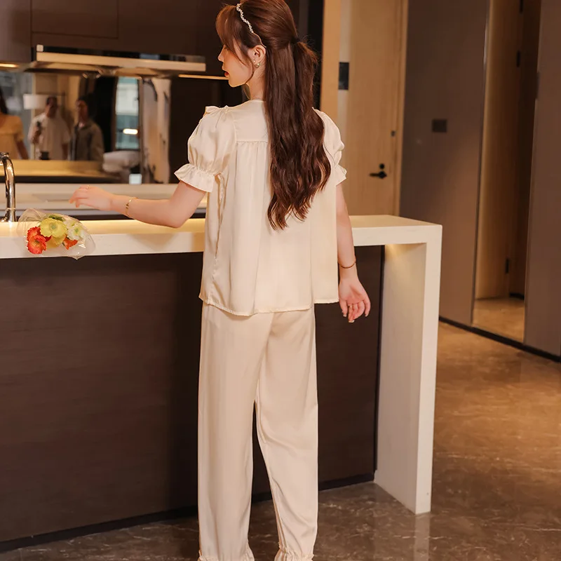 French Palace Princess Style Ice Silk Pajamas for Women Thin Cool Feeling Solid Color Sleepwear Set with V-neck Loose Loungewear