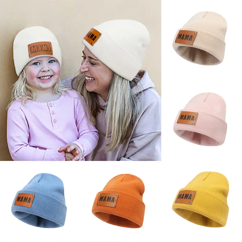 

New Fashion Mother Hat Travel Hat Acrylic Wool Pullover Hat European and American Hip Hop Leather Label Ladies Knit Hat