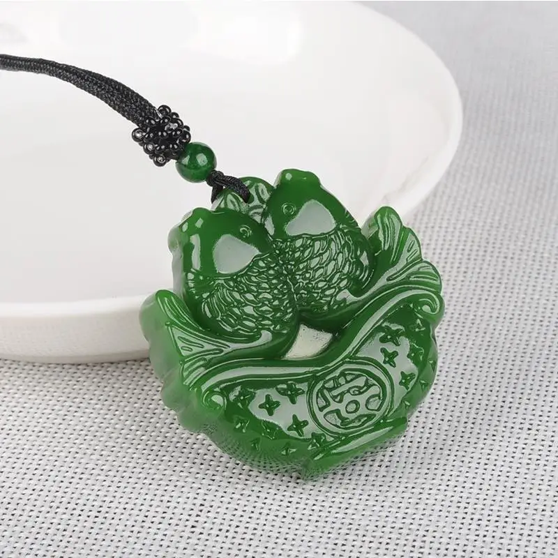 

Chinese Natural Green Jade Double Carp Pendant Necklace Hand-carved Charm Jadeite Jewelry Fashion Amulet Gifts for Women Men