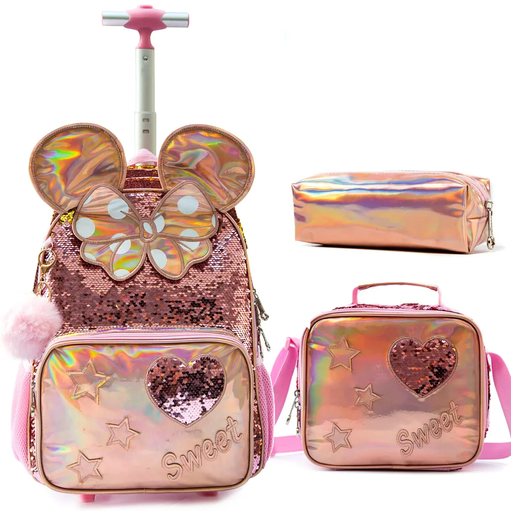 

Bikab 3PC School Bags for Girls with Wheeled Bag Sequin Cartoon Cute 16" Kids' Luggage Mochila Trolley Mochila Trolley
