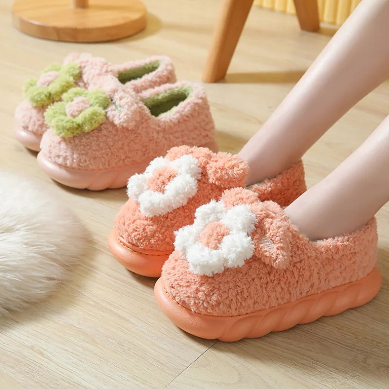 

Women Winter Warm Cute Flower Fluffy Fur Slippers Bedroom Plush Shoes Pantuflas Chaussure Femme House Zapatillas De Casa Mujer