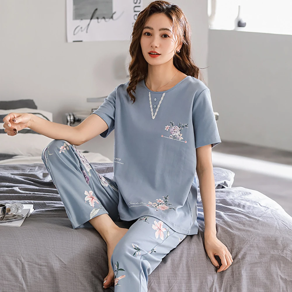 

100% Cotton Pijama Set Woman Floral Print Pajama Sets Spring Summer Cozy SleepwearLoungewear 2 Pieces Outfit conjunto femenino