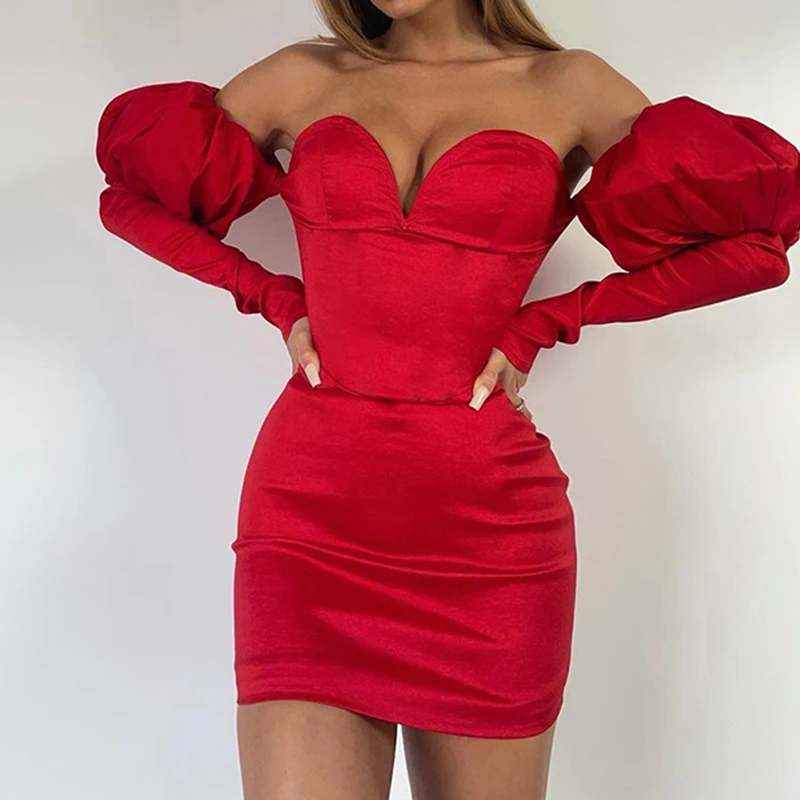 

Women Club Outfits2022 INS Red Slash Neck Wrap Dresses For New Year V Neck Elegant Sexy Bodycon Evening Short Dress