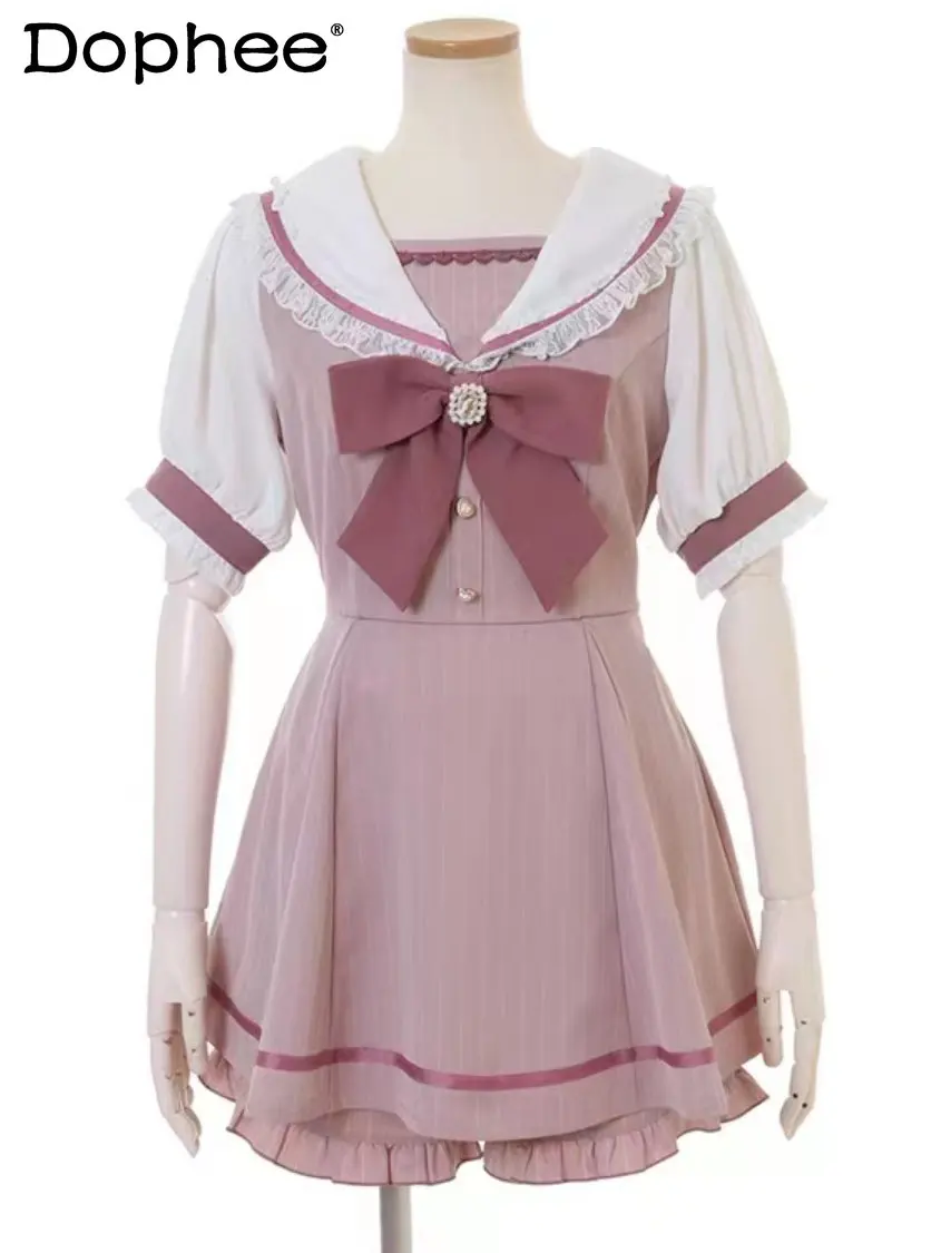 Japanese Rojita Dress Women Classic Cute Sweet Sailor Collar Short Sleeve Skirt Set 2023 Summer New Dress Culottes Two-Piece Set