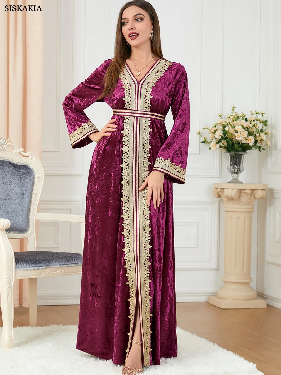 

Рамадан абаи Дубай мусульманский бархат Цветочная вышивка Гипюр кружево панель поясом кафтан Турецкая одежда женское Badka исламское платье
