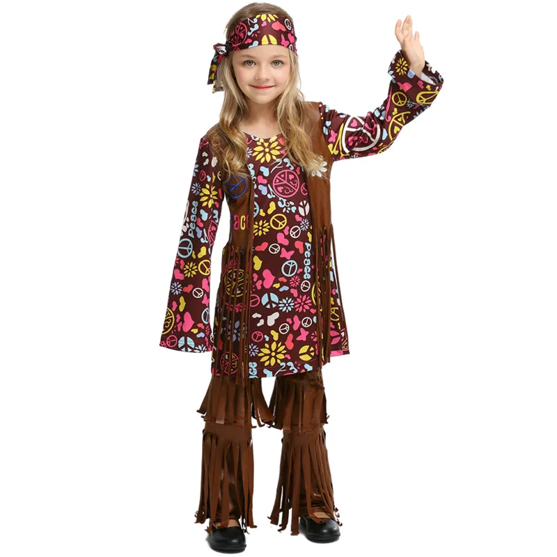 

Purim Halloween Costume Indian Hippie Dress For Girls Cosplay 60s 70s Vintage Hippie Dress Kids