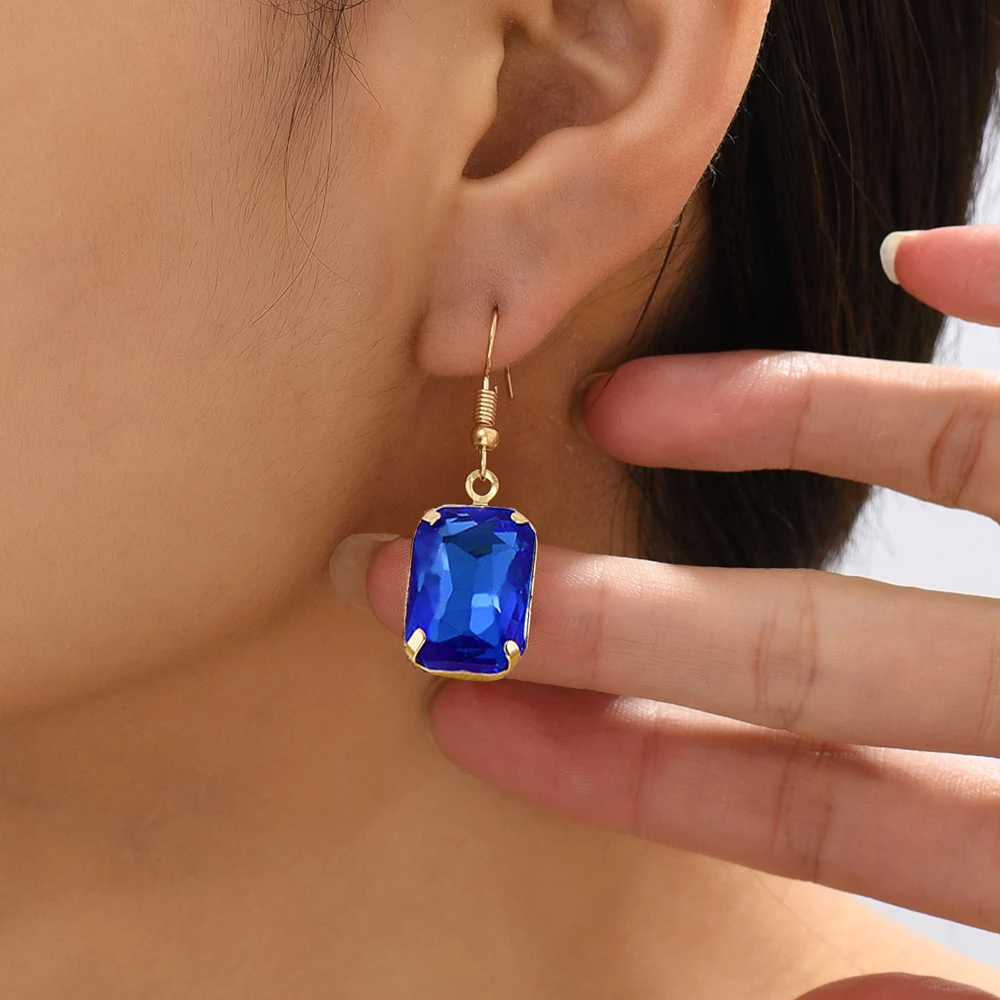 

Japan Korea Blue Crystal Geometric Pendant Punk Pink Zircon Statement Square Drop Earrings for Women Girls Bride Wedding Jewelry