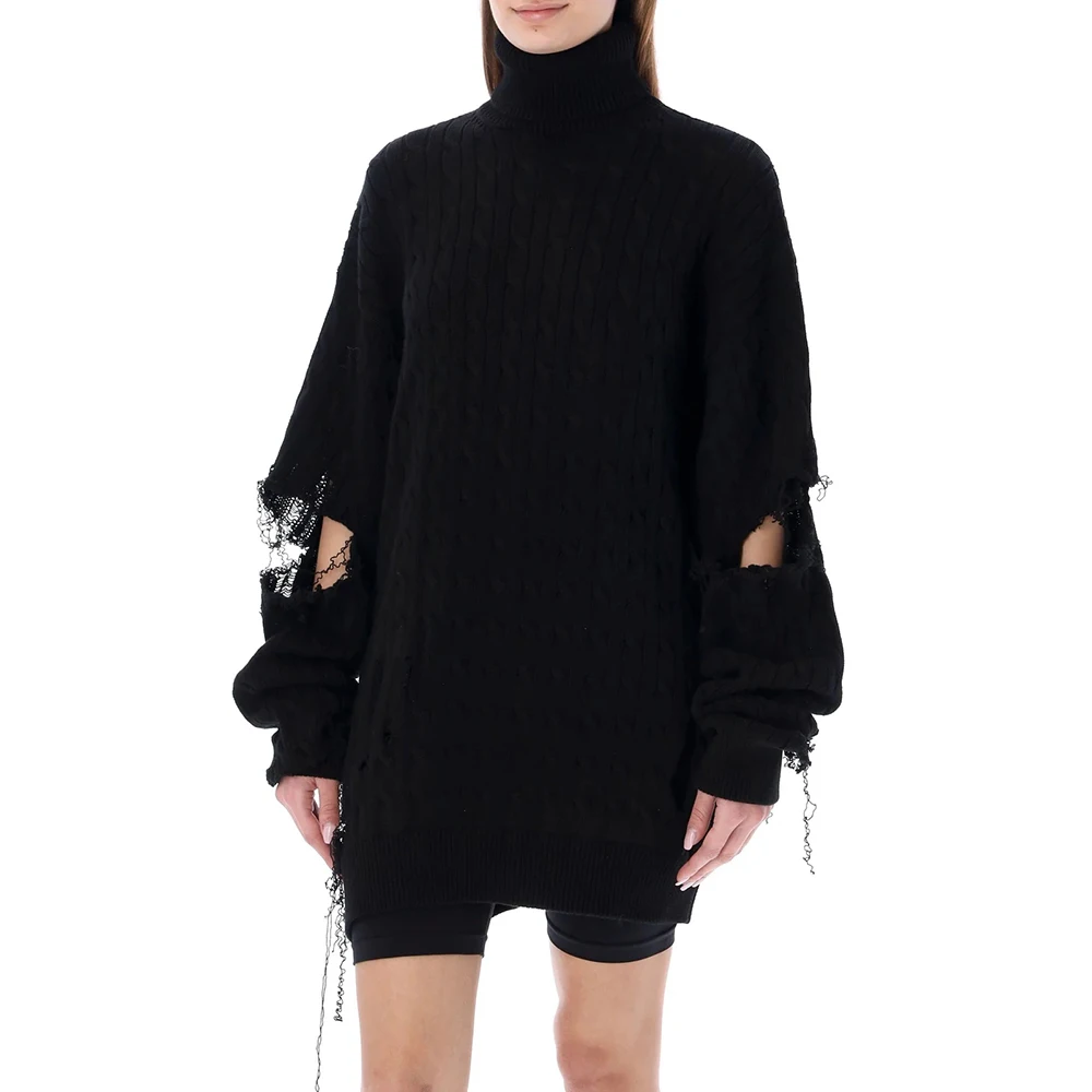 

Black Ragged Old Stranded Knitted Turtleneck Sweater Top 2022 Autumn And Winter New Simple Fashion Personality Y2k Pullover